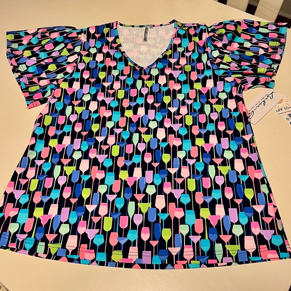 Lulu-B Colorful Wine Glass Print UPF 50+ Cooling Top Size L NWT new with tags​​